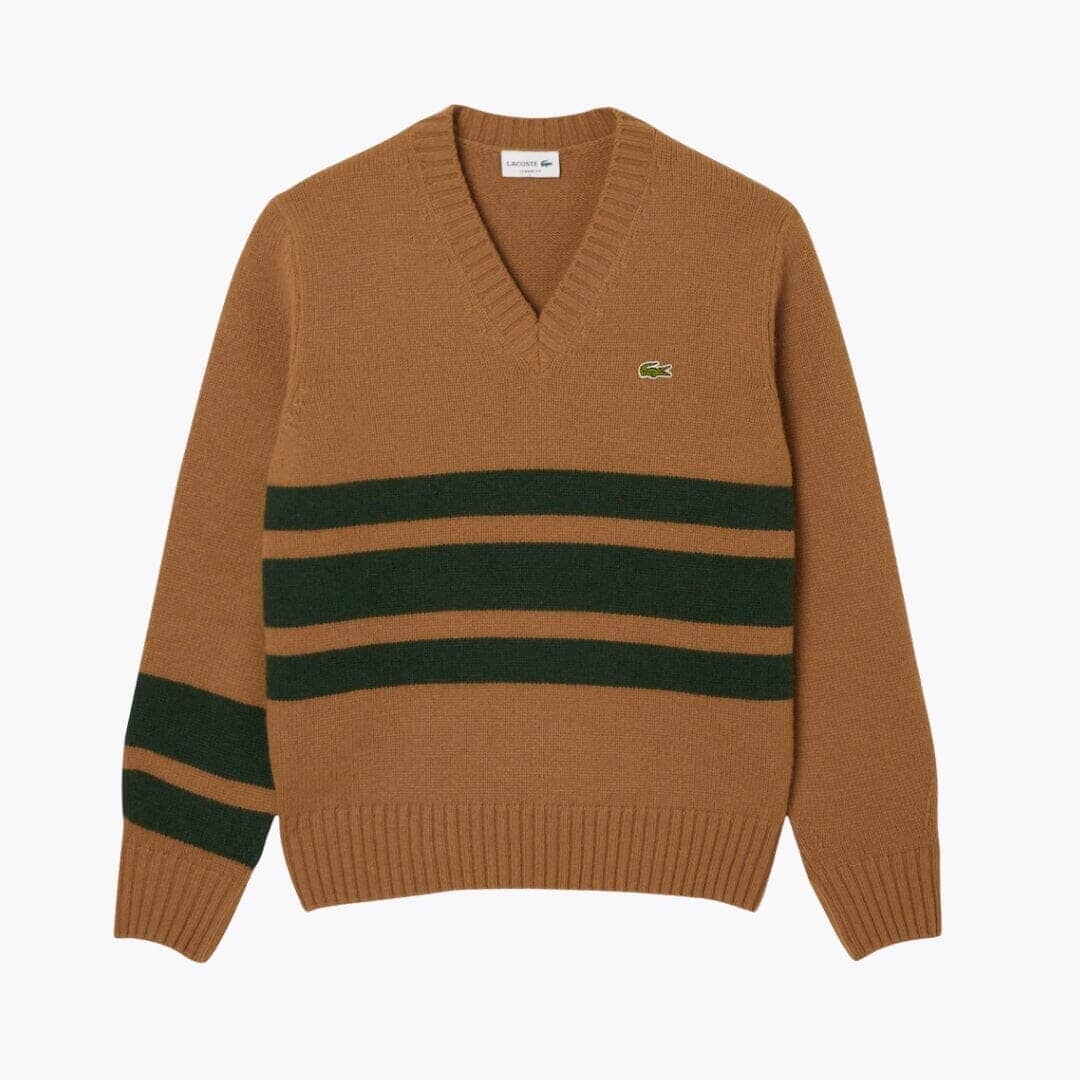 Lacoste gestreifter Wollpullover mit V-Ausschnitt