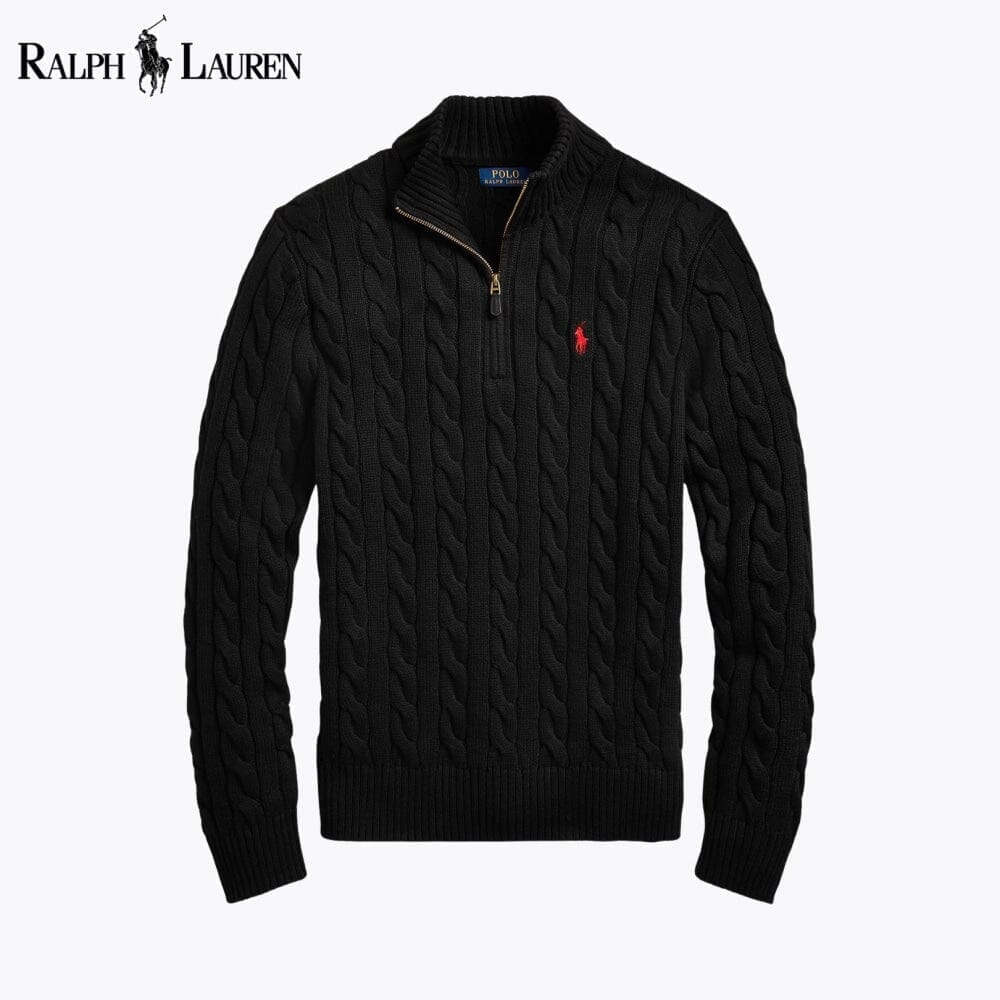 Ralph Lauren Grobstrickpullover aus Baumwolle mit Viertelreißverschluss und Zopfmuster