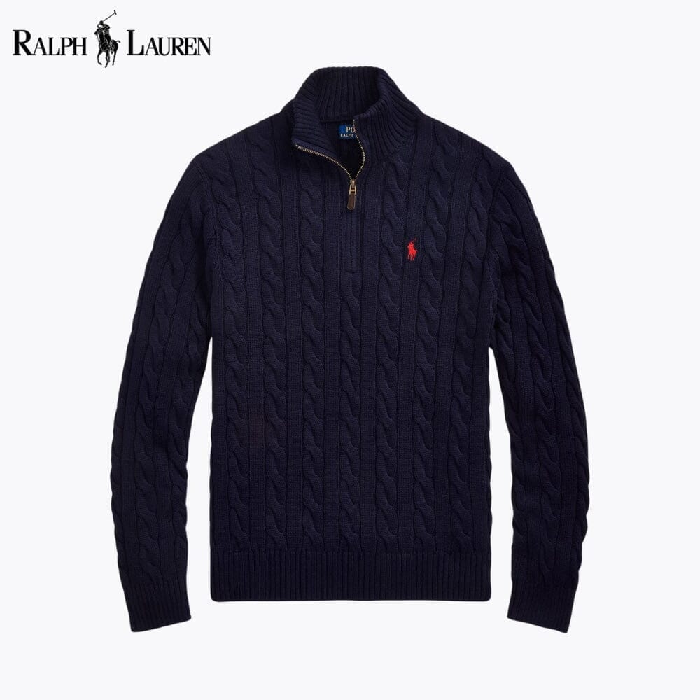 Ralph Lauren Grobstrickpullover aus Baumwolle mit Viertelreißverschluss und Zopfmuster