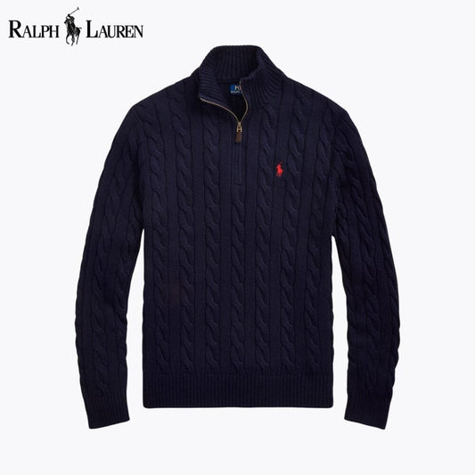 Ralph Lauren Grobstrickpullover aus Baumwolle mit Viertelreißverschluss und Zopfmuster