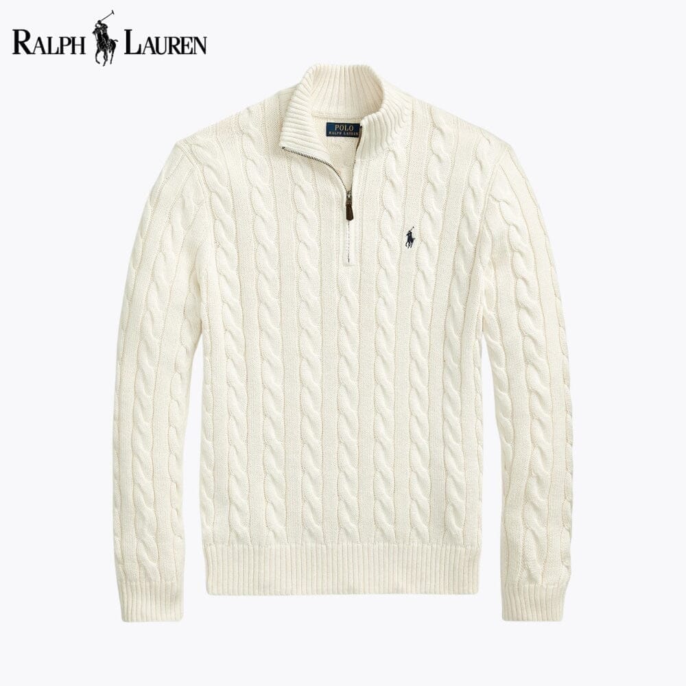 Ralph Lauren Grobstrickpullover aus Baumwolle mit Viertelreißverschluss und Zopfmuster